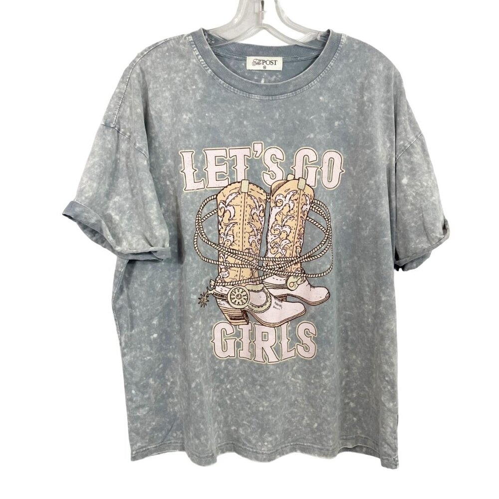 The Post Let's Go Girls Cowgirl Cowboy Print Acid Wash Tee - Size Small